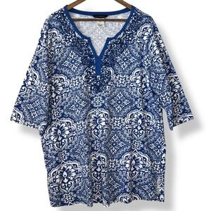 Ulla Popken Plus 1X 16/18 Blue White Tile Cording Detail 100% Cotton Tunic Top